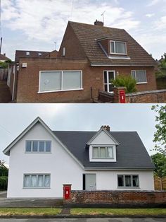 before and after pictures of a house with windows missing the roof, then on the outside