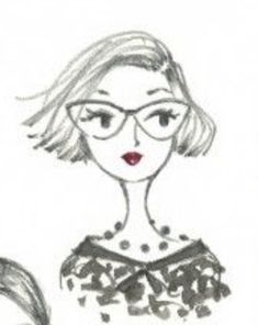 a drawing of a woman wearing glasses and a dress