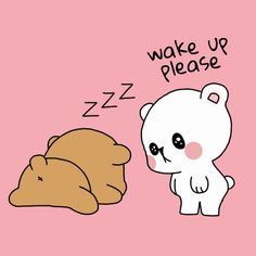 a drawing of a teddy bear sleeping next to a piece of bread that says wake up please