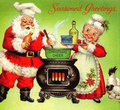 an old fashioned christmas card with santa and mrs claus cooking