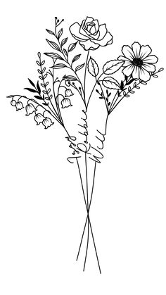 a black and white drawing of some flowers