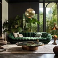 a living room filled with green furniture and lots of plants on the wall next to it