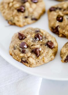 chocolate chip cookies on a white plate ready to be eaten for breakfast or desserts