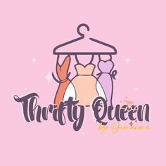 the logo for thrift queen by gumkinsa, featuring three dresses hanging on a hanger