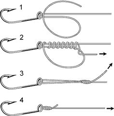 four different types of fishing hooks with arrows pointing up to the top and bottom one