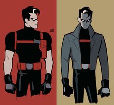 two color versions of the same character from batman animated series, one in black and one in red