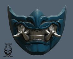 an image of a mask with teeth and fangs on the front side, in blue