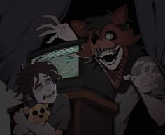 a cartoon character holding a teddy bear in front of a tv with an evil face on it