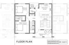 the floor plan for a two bedroom apartment with an attached kitchen and living room area