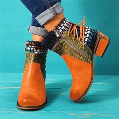 Category:Boots; Upper Materials:PU; Season:Spring,Fall; Heel Type:Chunky Heel; Gender:Women's; Toe Shape:Round Toe; Type:Booties Ankle Boots; Style:Vintage,Bohemia,Fashion; Heel Height(inch):1-2; Outsole Materials:Rubber; Occasion:Daily; Closure Type:Zipper; Pattern:Color Block; Listing Date:08/08/2023; Production mode:External procurement; 2024 Trends:Booties Ankle Boots,Vintage Shoes; Foot Length:; Foot Width:; SizeChart1_ID:2:184043; Size chart date source:Provided by Supplier. Multicolor Lace-up Boots With Round Toe For Fall, Bohemian Mid-calf Boots With Round Toe For Fall, Bohemian Fall Boots With Flat Heel, Bohemian Lace-up Winter Boots, Bohemian Mid-calf Boots For Fall, Casual Fall Booties With Zipper Closure, Casual Zipper Closure Booties For Fall, Multicolor Ankle-high Boots For Fall, Bohemian Winter Boots With Pointed Toe