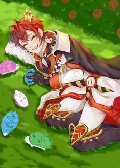 an anime character laying in the grass