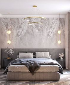 a bedroom with a bed and two lamps hanging from the ceiling