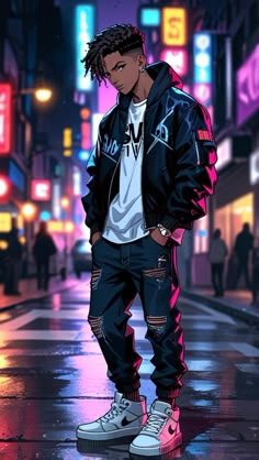 a young man standing on the street in front of neon lights wearing a black jacket and white t - shirt