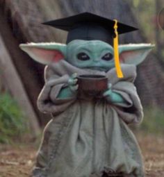 a baby yoda holding a coffee cup and wearing a graduation cap with the caption, i am not sure what this is