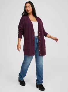 FIT Model is 5'8” wearing size 1. . Measures 34” from shoulder (size 2). MATERIALS + CARE Vegan Cashmere fabric: A luxe, cashmere-like brushed fabric with a soft, cozy feel that’s never heavy. So easy to dress up or down. . Stretch level: Medium. . 35% acrylic, 25% polyester, 22% recycled polyester, 15% nylon, 3% spandex. . Machine wash cold. Line dry. . Imported. . DETAILS V-neck. Button front. Long sleeves. . Front pockets. The best plus size women's boyfriend cardigan softest sweater cardigan Boyfriend Cardigan, New Street Style, Cashmere Fabric, Plus Size Cardigans, Swimming Outfit, Cashmere Cardigan, Bra And Panty Sets, Softest Sweater, Fall Sweaters