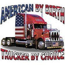 the american by birth trucker by choice logo is shown in red, white and blue