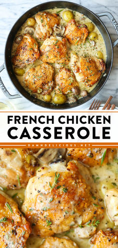 Looking for comfort food dinner ideas? Here's a baked casserole recipe! It's a winter dish featuring French chicken and potatoes. Complete with mushrooms in an herb-wine sauce, this simple French chicken casserole is just perfect! French Chicken Casserole, French Chicken, Brown Chicken, Chicken Casserole Recipe, Makanan Diet, French Cooking, Healthy Easy, Dinner Idea