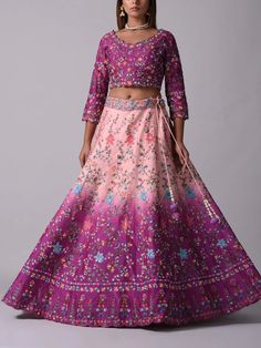 Shop Peach And Lavender Silk Lehenga Set Online | Vasansi Jaipur Georgette Lehenga, Lavender Silk, Wedding Lehengas, Net Dupatta, Thread Work, Different Light, Party Wedding