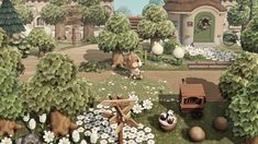 an animated image of a park with animals and flowers in the foreground, along with a small wooden cart full of eggs