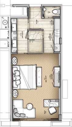 a floor plan for a small apartment with one bedroom and living room in the middle