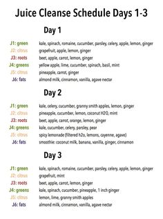 a list of juice cleanse schedule days 1 - 3 on a white background with green lettering