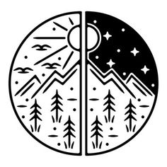 the two sides of a circle with trees and mountains in it, one is black and white