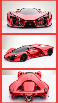 three different views of a red sports car