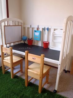 a child's desk and chair with the caption clever trick for the crib when they grow out of it