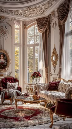 an ornate living room with red and white furniture