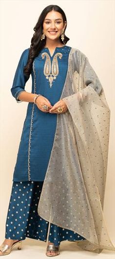 Blue color Salwar Kameez in Blended, Silk fabric with Embroidered, Resham work Blue Chanderi Salwar Kameez With Self Design, Blue Churidar With Self Design In Traditional Drape, Blue Chanderi Churidar With Self Design, Festive Blue Salwar Kameez With Dori Work, Blue Salwar Kameez With Self Design For Eid, Festive Blue Unstitched Suit With Self Design, Blue Churidar With Self Design And Straight Kurta, Blue Semi-stitched Sharara For Celebration, Blue Sharara With Resham Embroidery For Celebrations