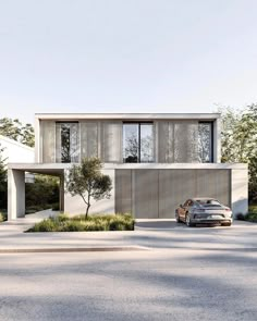 a car is parked in front of a modern house with vertical blinds on the windows