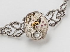 Steampunk Bracelet  vintage watch movement gears Neo Victorian silver filigree birds pearls Swarovsk Flying Swallow, Filigree Frame, Steampunk Bracelet, Ruby Jewel, Swallow Bird, Neo Victorian, Bird Charm, Steampunk Jewelry, Steampunk Art