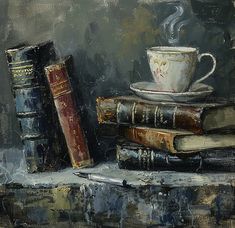 Oil Painting: Books and Coffee Still Life Oil Painting For Gift, Coffee And Books Painting, Painting Ideas Dark Academia, Book Paintings On Canvas, Old Oil Paintings Aesthetic, Coffee And Book Aesthetic, Open Book Painting, Book Stack Painting, Books Painting Art