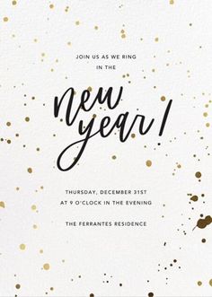 a new year's eve party card with gold confetti and black ink