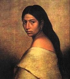 a painting of a woman with long black hair wearing a yellow dress and looking off to the side