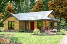 a small wooden house with a red door in the middle of some flowers and trees