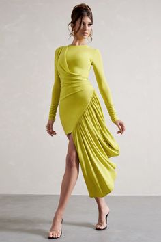 Tate Lime Green Long-Sleeve Wrap Mini Dress With Drape – Club L London - USA