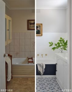 before and after photos of a bathroom remodel with tile flooring, walls painted white