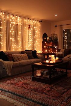 a living room filled with furniture covered in lights