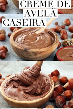 two images show the process of making chocolate in wooden bowls and nuts on the table