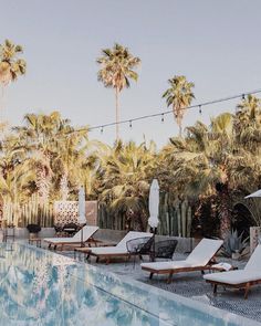 an outdoor pool with lounge chairs and umbrellas next to the swimming pool surrounded by palm trees