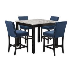 a dining table with four chairs and a marble top in blue upholstered fabric