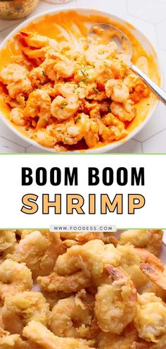 this is an image of some shrimp in a bowl and the words boom boom shrimp