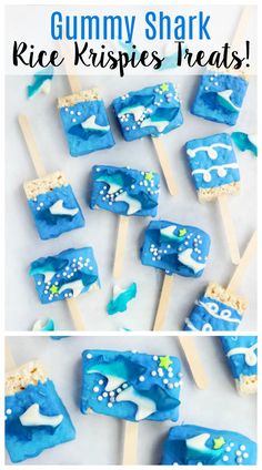 some blue and white desserts on sticks with the words gummy shark rice krispies treats