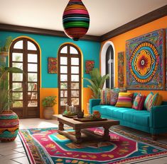 a living room filled with lots of colorful furniture