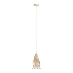 a white light hanging from the ceiling with a long cord and fringes on it