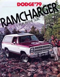 an advertisement for dodge's ramchager in the sun, with two people standing next to it