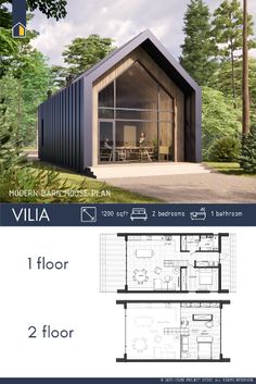 the floor plan for this modern cabin is very small and has two floors that are open to