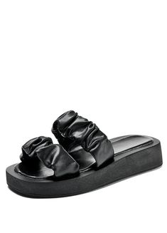 Experience the perfect combination of comfort and style with Any Women's Summer Slippers by USS Shoes. Crafted with sleek microfiber material, this sandal comes in classic black or white colors and features a solid pattern with a platform design. The polyurethane lining and insole provide a comfortable fit, making them ideal for outdoor wear in the summer and spring. Add a touch of fashion to your footwear collection today. Flat Platform Slides In Synthetic Material, Comfortable Synthetic Platform Slippers With Flat Heel, Synthetic Flat Platform Slides, Synthetic Platform Slippers With Round Toe, Synthetic Platform Slides With Open Toe, Platform Slippers With Cushioned Footbed And Round Toe, Black Non-slip Synthetic Platform Slippers, Platform Sandals With Round Toe In Synthetic, Synthetic Platform Slippers With Thick Bottom