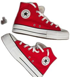 Red Platform High-top Sneakers, Red High-top Canvas Shoes For Spring, Red Canvas Shoes For Spring Streetwear, Casual Red High-top Canvas Shoes, Casual Red Mid-top Canvas Shoes, Comme De Garson, Converse Shoreline, Worn Converse, High Tops Sneakers